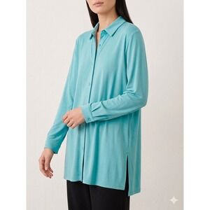 Eileen Fisher Teal Tencel Lyocell Jersey Tunic Top M Coastal Lagenlook Minimal